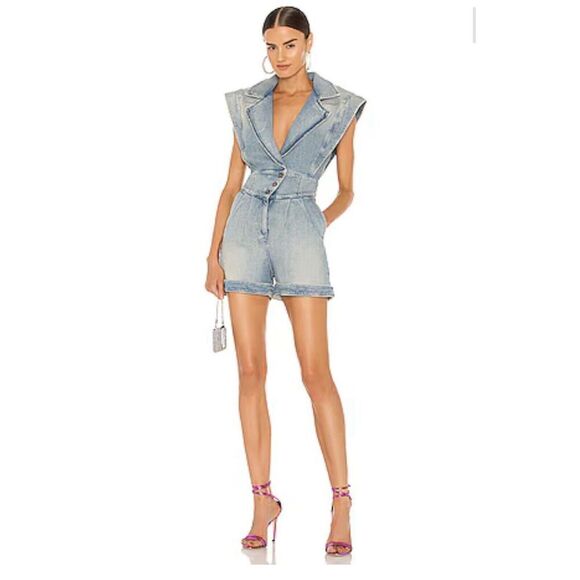 RETROFETE Collections Chantal Denim Shorts Romper Jumpsuit in Romano LW Size XL - Picture 1 of 16